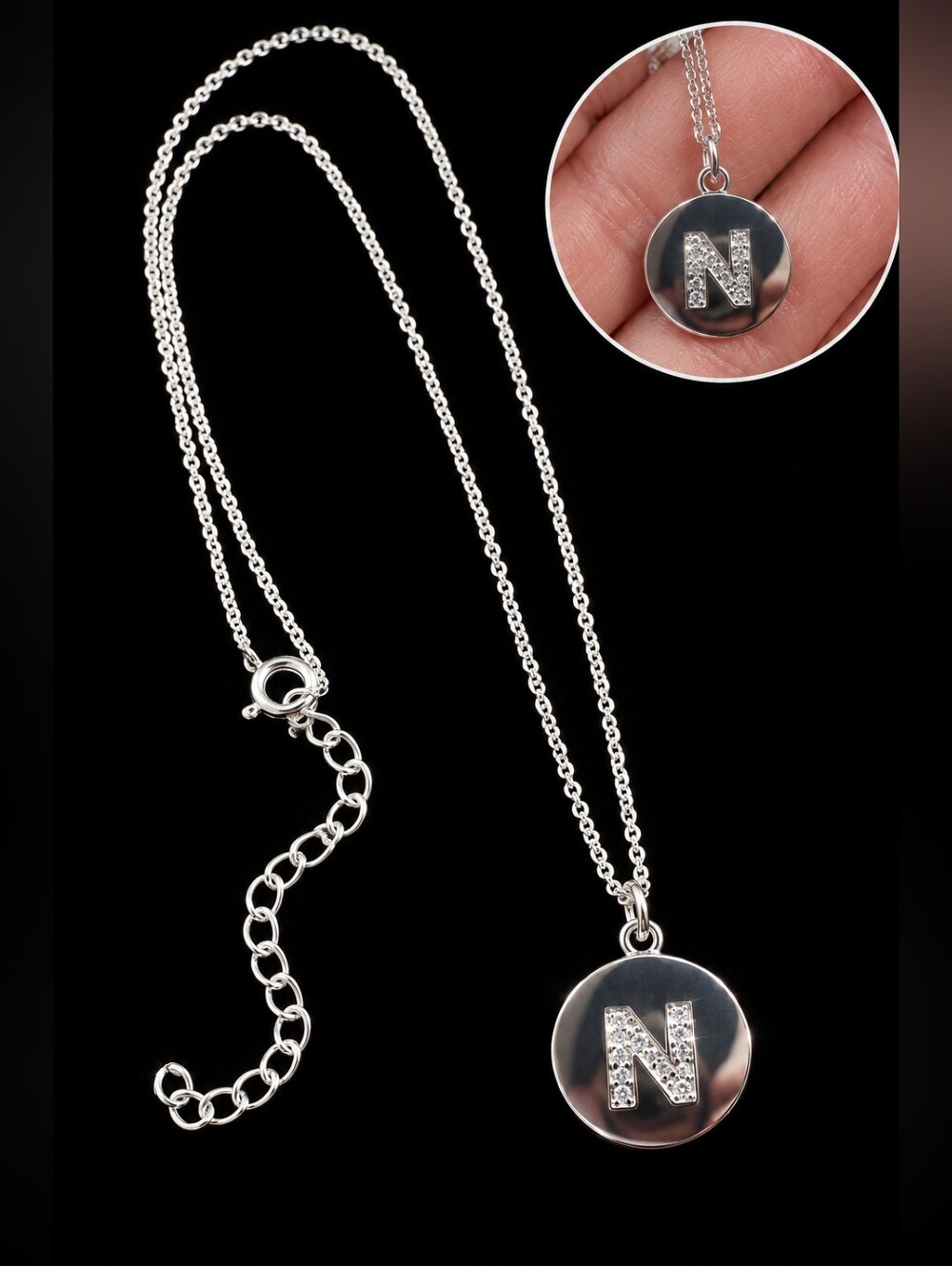 Vintage 90s Sterling Silver 925 Initial 'N' Pendant CZ Necklace